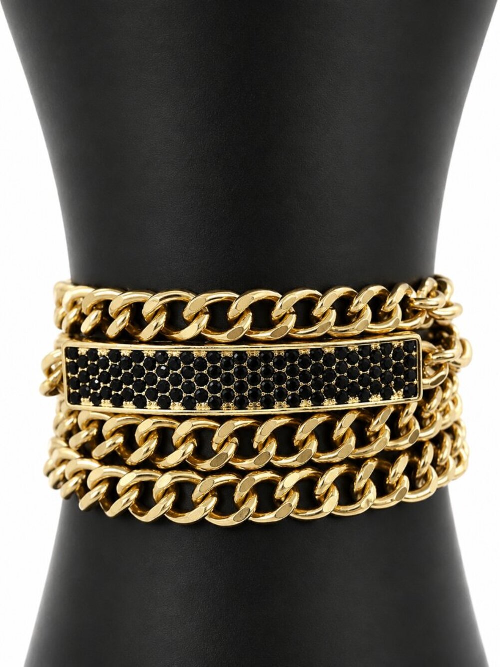 BLACK RHINESTONE BRACELET Gold Tone Curb Chain Wrap ID Toggle Clasp